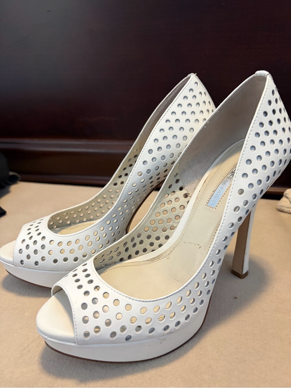 BCBG White Perforated Peep-Toe High Heels